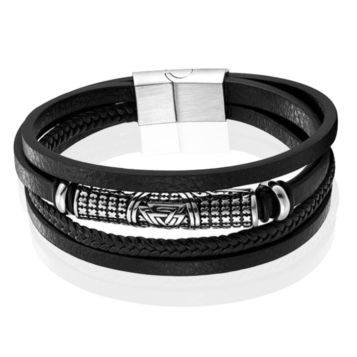 Mendes Jewelry Heren Armband – Stijlvol Zwart Leder met Zilveraccenten-21cm