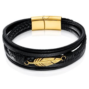Mendes Jewelry Heren Armband – Stoer Zwart Leder met Bladvormige Stalen Bedel – Goud-21cm
