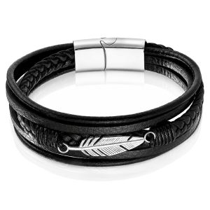 Mendes Jewelry Heren Armband – Stoer Zwart Leder met Bladvormige Stalen Bedel – Zilver-21cm