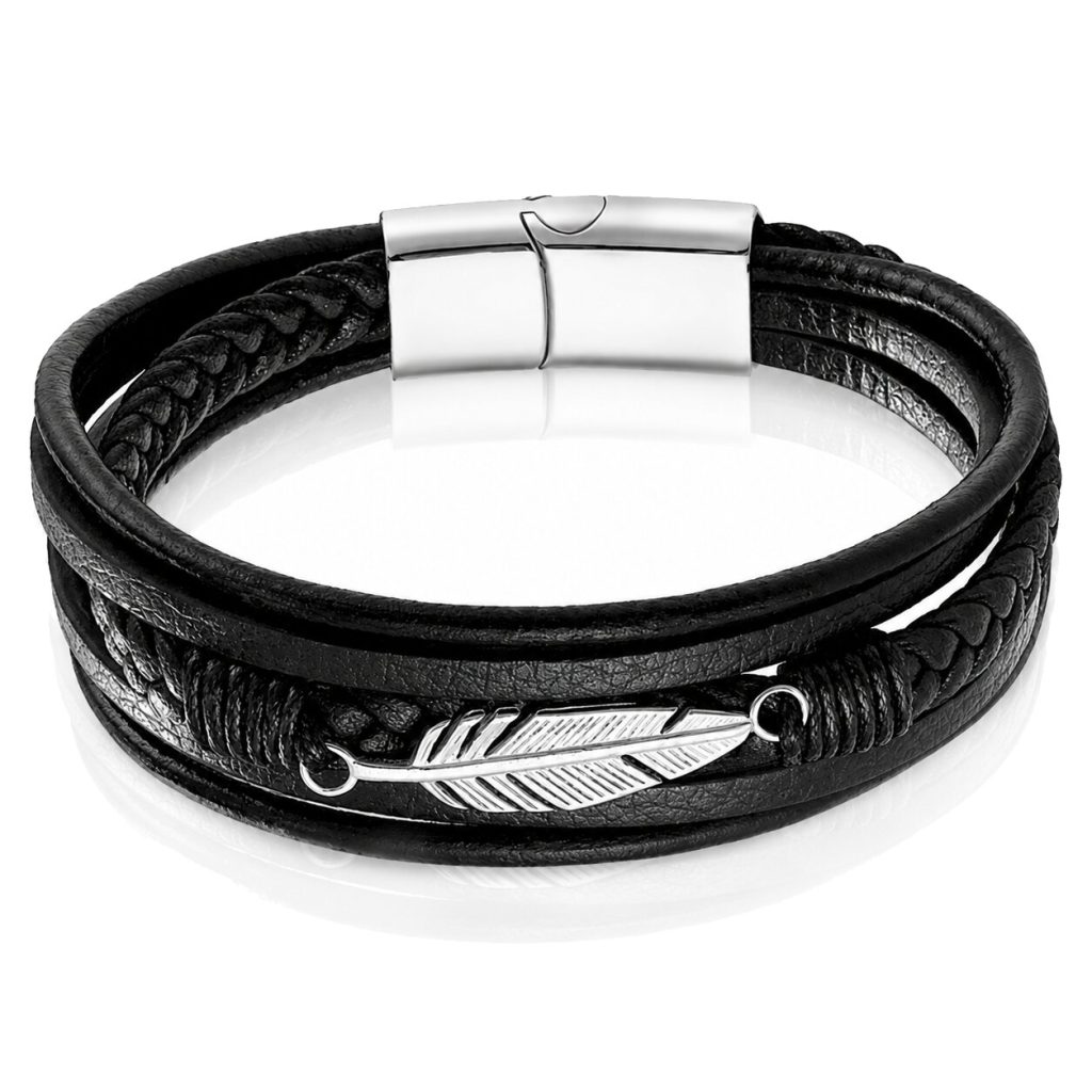 Mendes Jewelry Heren Armband – Stoer Zwart Leder met Bladvormige Stalen Bedel – Zilver-23cm
