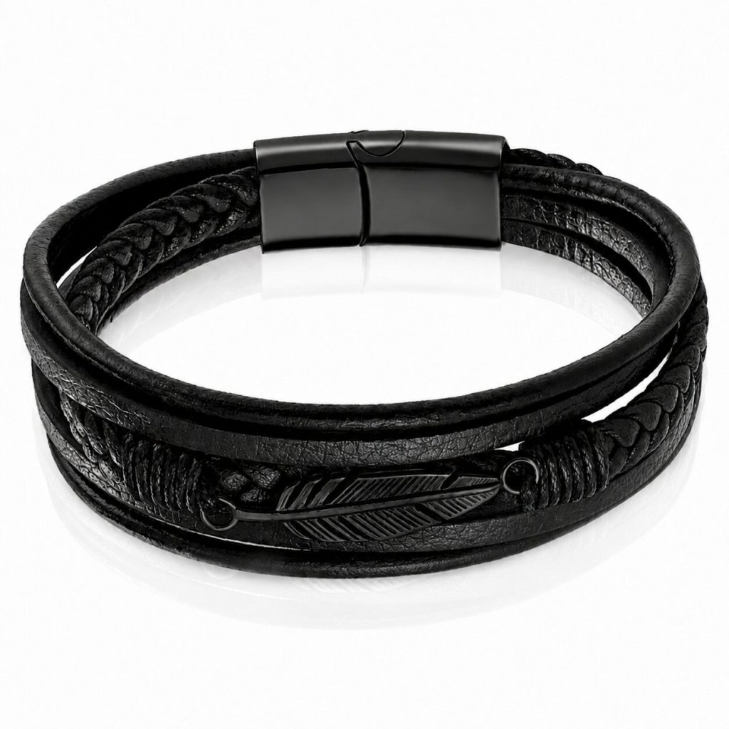 Mendes Jewelry Heren Armband – Stoer Zwart Leder met Bladvormige Stalen Bedel – Zwart-19cm