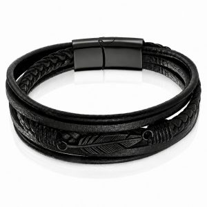 Mendes Jewelry Heren Armband – Stoer Zwart Leder met Bladvormige Stalen Bedel – Zwart-23cm