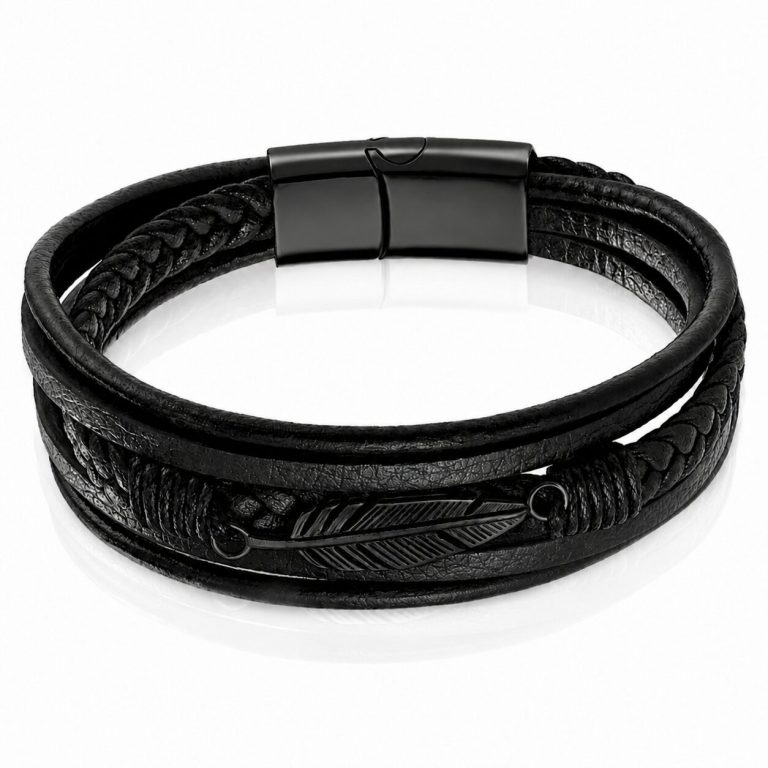 Mendes Jewelry Heren Armband – Stoer Zwart Leder met Bladvormige Stalen Bedel – Zwart-23cm