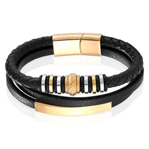 Mendes Jewelry Heren Armband – Zwart Leder met Bedels en Gouden Sluiting-21cm