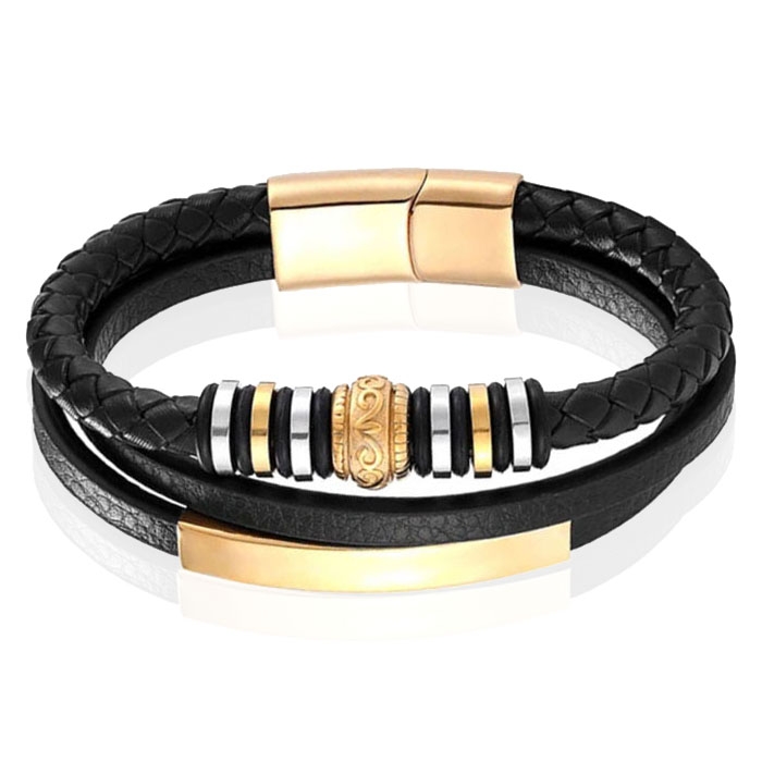 Mendes Jewelry Heren Armband – Zwart Leder met Bedels en Gouden Sluiting-23cm