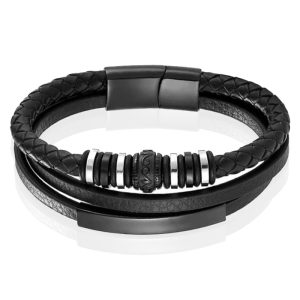 Mendes Jewelry Heren Armband – Zwart Leder met Zilveren Bedels en Zwarte Sluiting-23cm