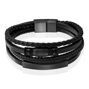 Mendes Jewelry Heren Armband van Roestvrijstaal en Echt Leder – Duurzaam Zwart met Schuifelementen-19cm