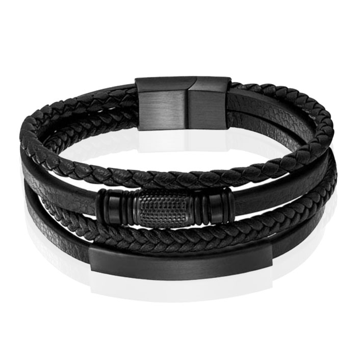 Mendes Jewelry Heren Armband van Roestvrijstaal en Echt Leder – Duurzaam Zwart met Schuifelementen-19cm