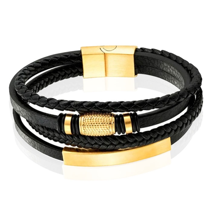 Mendes Jewelry Heren Armband van Roestvrijstaal en Echt Leder – Luxe Zwart met Gouden Elementen-19cm