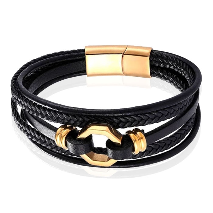 Mendes Jewelry Heren Armband van Roestvrijstaal en Echt Leder – Stijlvol Zwart met Gouden Achtkant-19cm
