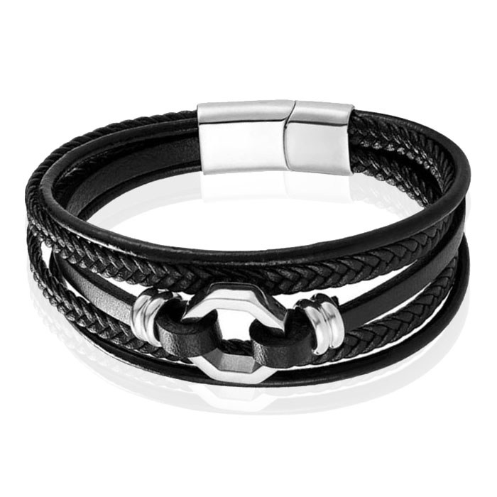 Mendes Jewelry Heren Armband van Roestvrijstaal en Echt Leder – Stijlvol Zwart met Zilveren Achtkant-19cm
