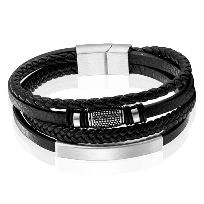 Mendes Jewelry Heren Armband van Roestvrijstaal en Echt Leder – Stijlvol Zwart met Zilveren Elementen-23cm