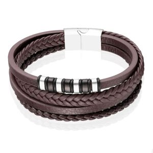 Mendes Jewelry Roestvrijstalen en Echt Lederen Heren Armband in Bruin-21cm