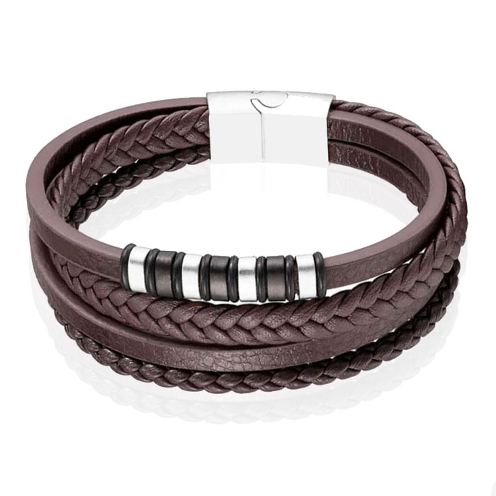 Mendes Jewelry Roestvrijstalen en Echt Lederen Heren Armband in Bruin-21cm