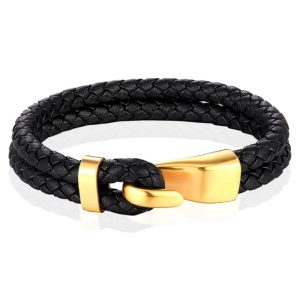 Mendes Jewelry Roestvrijstalen en Echt Lederen Heren Armband in Zwart en Goud-21cm