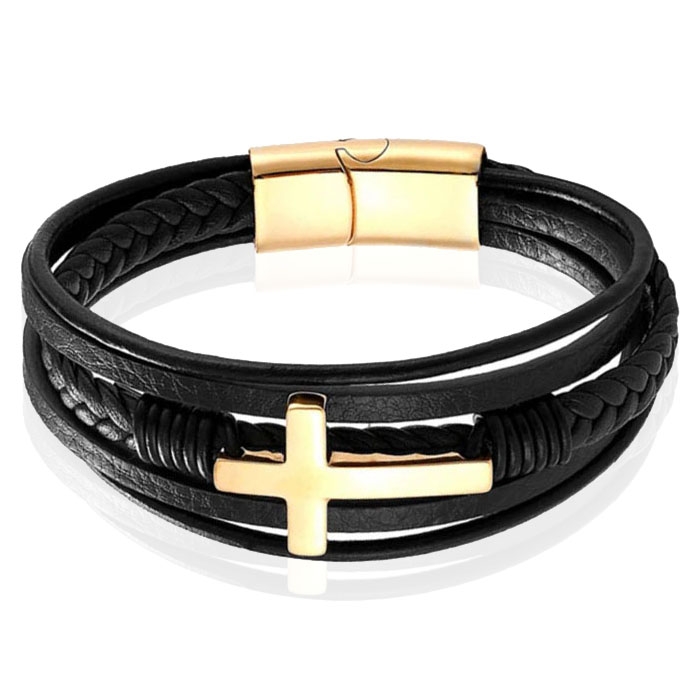 Mendes Jewelry Roestvrijstalen en Echt Lederen Heren Armband met Groot Kruis in Zwart en Goud-23cm