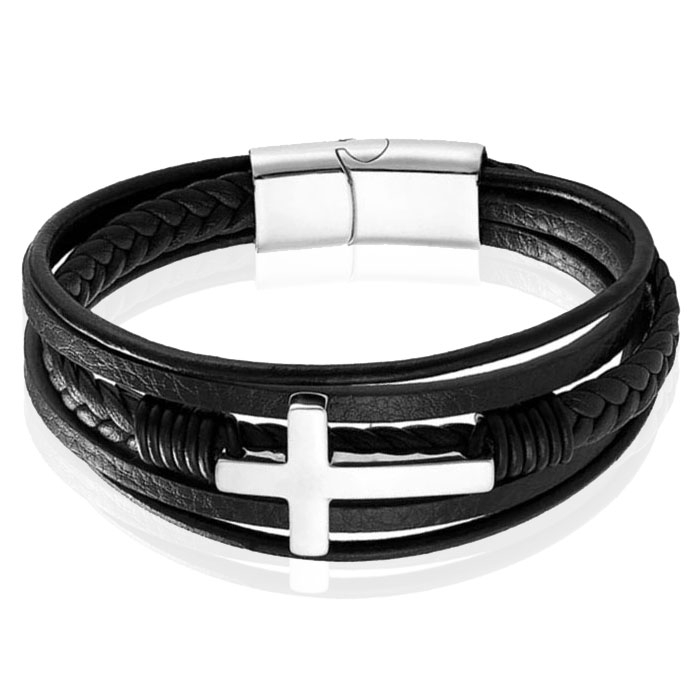 Mendes Jewelry Roestvrijstalen en Echt Lederen Heren Armband met Groot Kruis in Zwart en Zilver-21cm