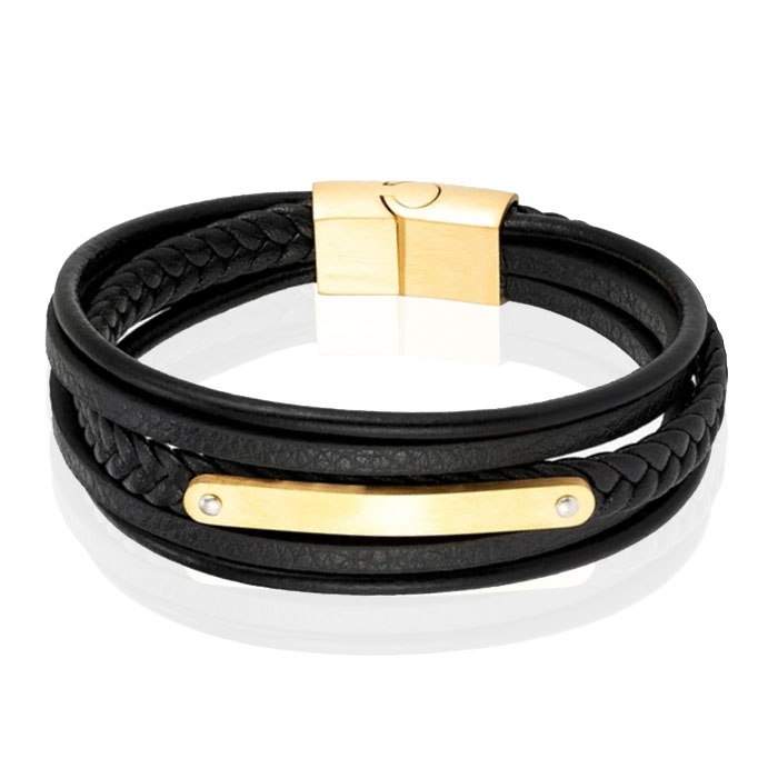 Mendes Lederen Armband voor Mannen – Goud, Met Graveerplaat en RVS Sluiting-23cm