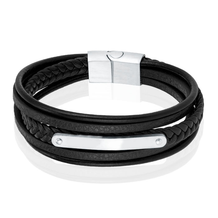 Mendes Lederen Armband voor Mannen – Zilver, Met Graveerplaat en RVS Sluiting-23cm