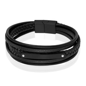 Mendes Lederen Armband voor Mannen – Zwart, Met Graveerplaat en RVS Sluiting-19cm