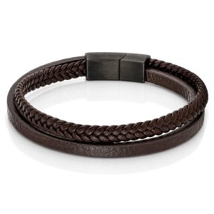 Mendes Minimalistische Heren Armband van Leer – 2 Strengen, Bruin-23cm