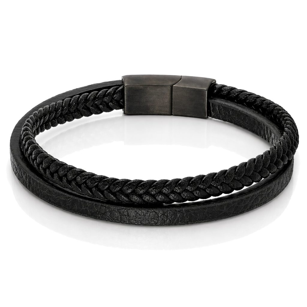 Mendes Minimalistische Heren Armband van Leer – 2 Strengen, Zwart-19cm