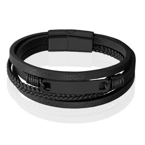 Mendes Multilayer Leren Armband voor Heren met Zwarte Coating-21cm