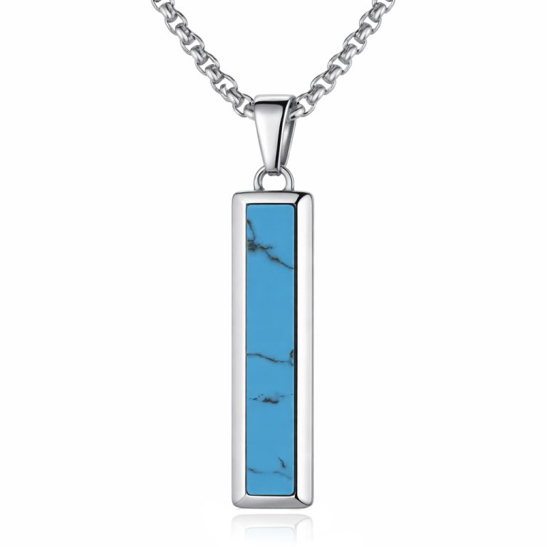 Mendes Zilverkleurige Heren Ketting met Turquoise Inlay Hanger
