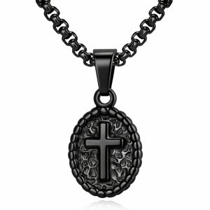 Mendes Zwarte Heren Ketting met Ovale Kruis Hanger