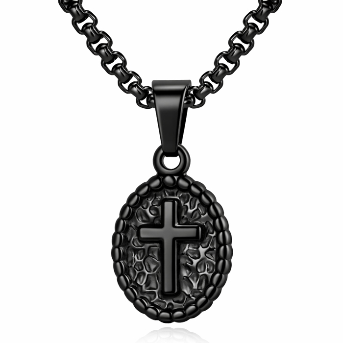 Mendes Zwarte Heren Ketting met Ovale Kruis Hanger