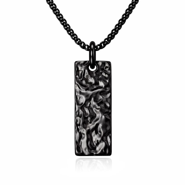 Mendes Zwarte Heren Ketting met Rechthoekige Hamerslag Hanger