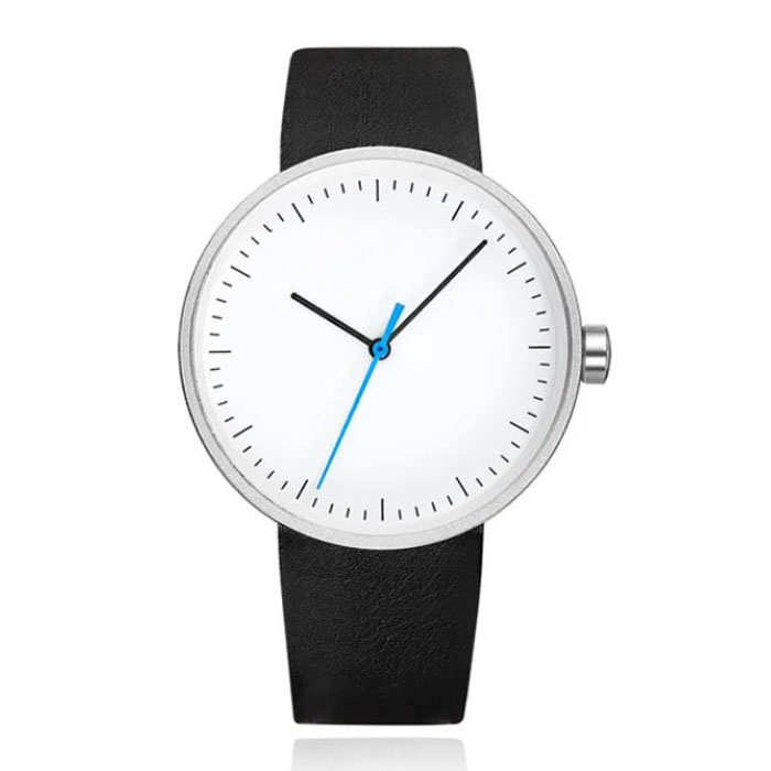 Minimalistisch Herenhorloge met Wit Uurwerk, Zwarte Echt Lederen Band en Zilveren Behuizing