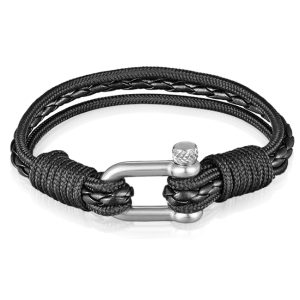 Nauitische Armband Heren Paracord Gevlochten Leer Zwart