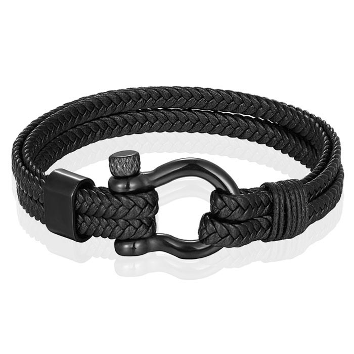 Nautische heren armband Leer Edelstaal Zwart – 21cm