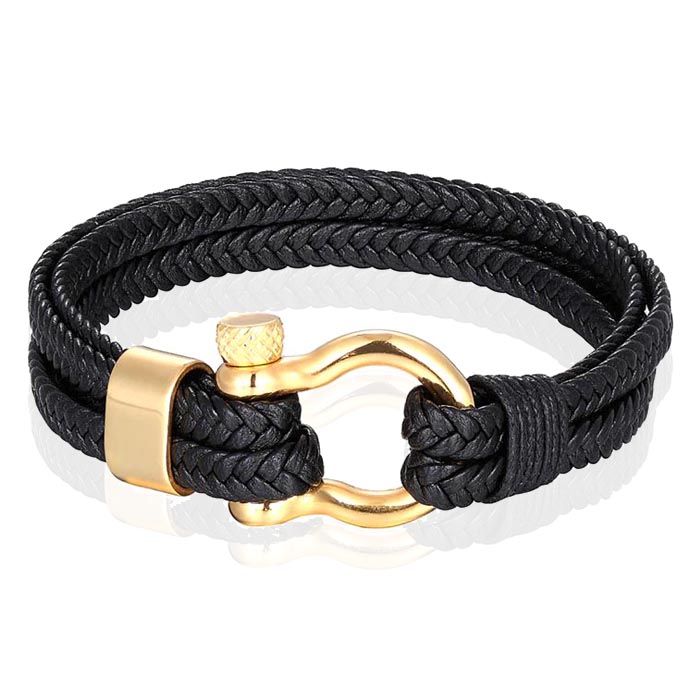 Nautische heren armband Leer Edelstaal Zwart Goudkleurig – 21cm