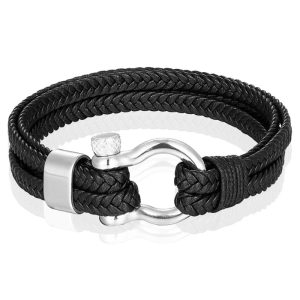 Nautische heren armband Leer Edelstaal Zwart Zilverkleurig – 19cm