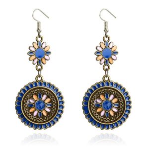 Ronde dames oorhangers met bloemvorm Ibiza multicolor blauw