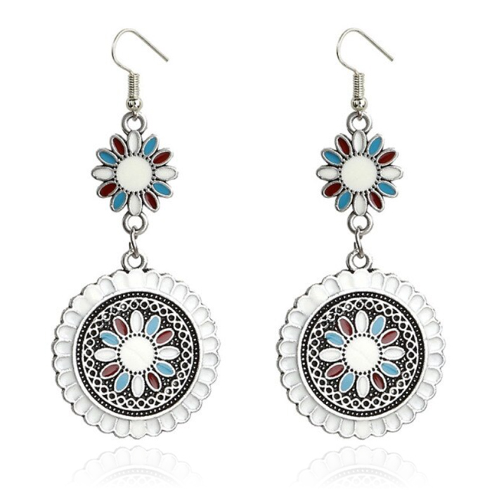 Ronde dames oorhangers met bloemvorm Ibiza multicolor wit
