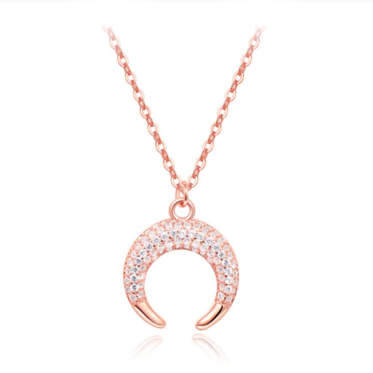 Rose kleurige Edelstaal Dames Ketting met Maan Zirkonia Hanger