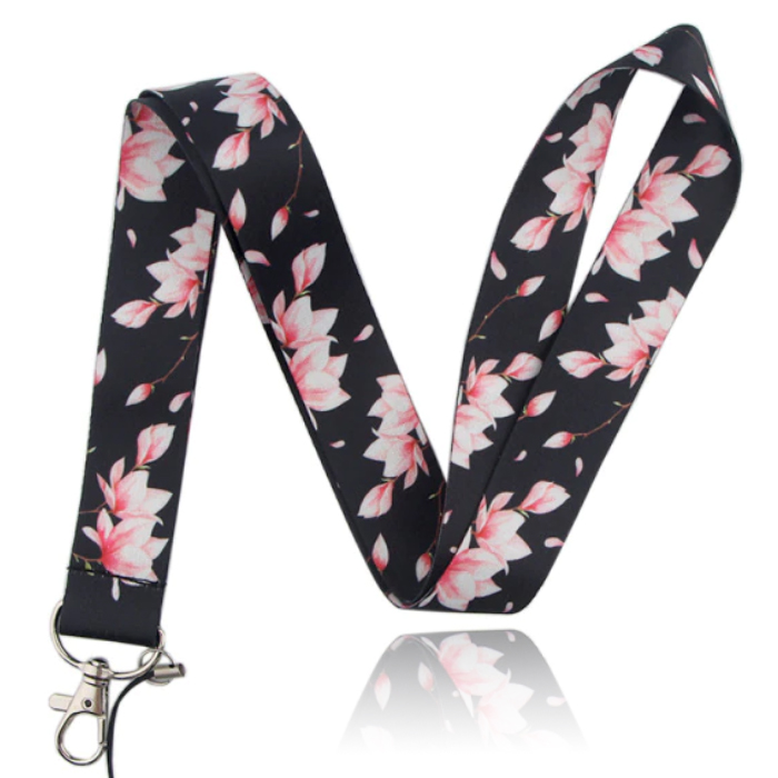 Sleutelkoord of Tassenhanger met Bloemen Print Zwart