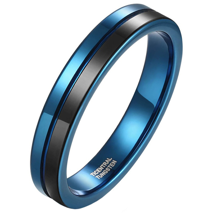 Wolfraam heren ring Groef Blauw Zwart 4mm-20mm