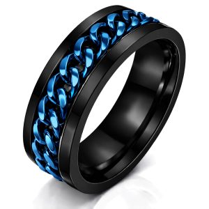 Stalen herenring met Cubaanse ketting Zwart Blauw-17mm