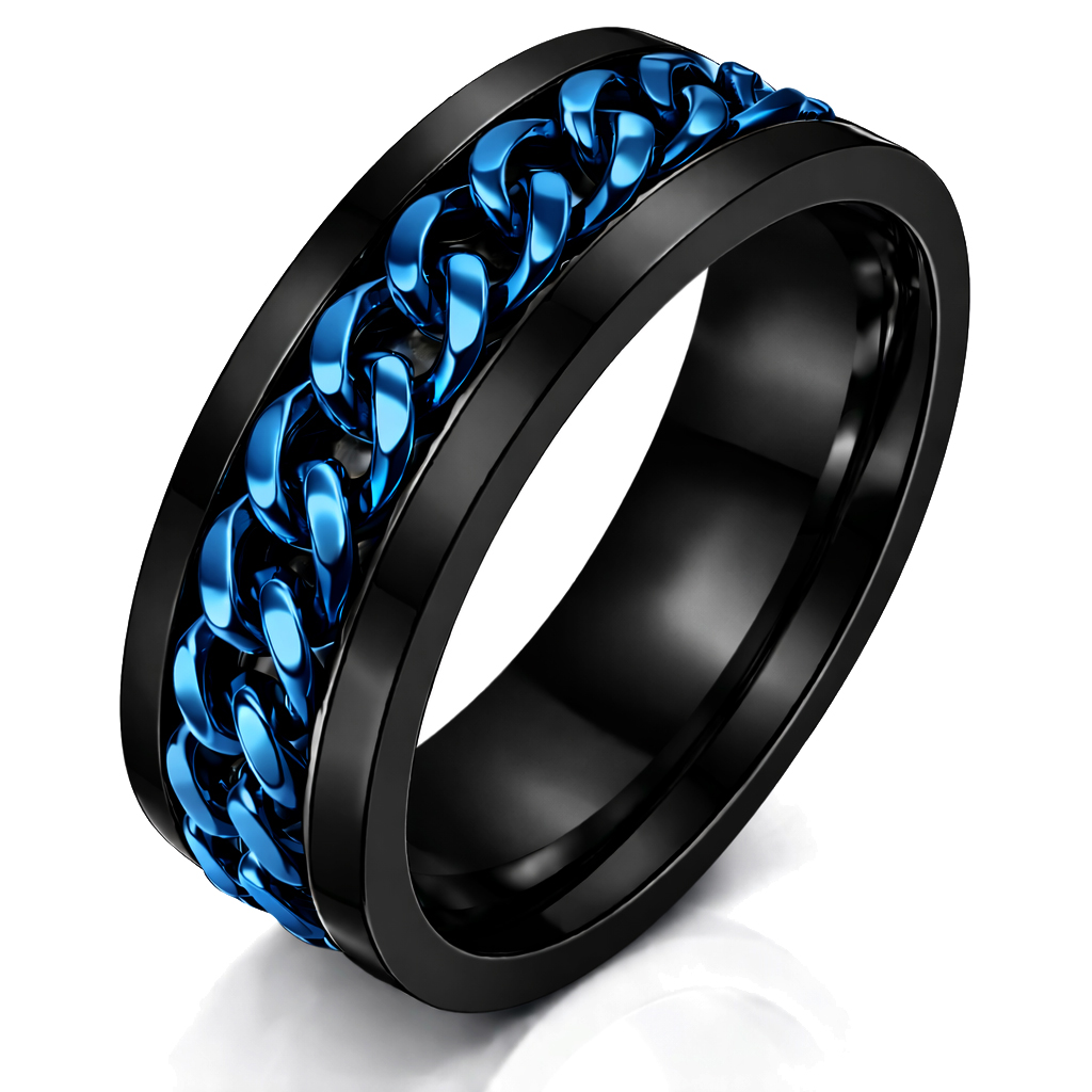 Stalen herenring met Cubaanse ketting Zwart Blauw-17mm