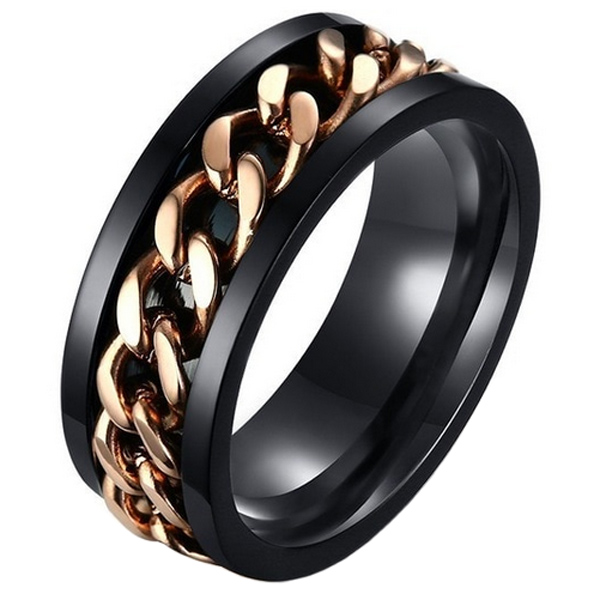 Stalen herenring met Cubaanse ketting Zwart Goud-18mm