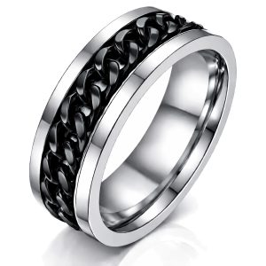 Stalen herenring met Cubaanse zwarte ketting-21.5mm