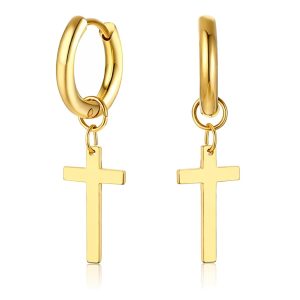 Goudkleurige Heren Oorringen met Kruis Hanger – RVS Oorbellen Set – Minimalistisch Stoer Design