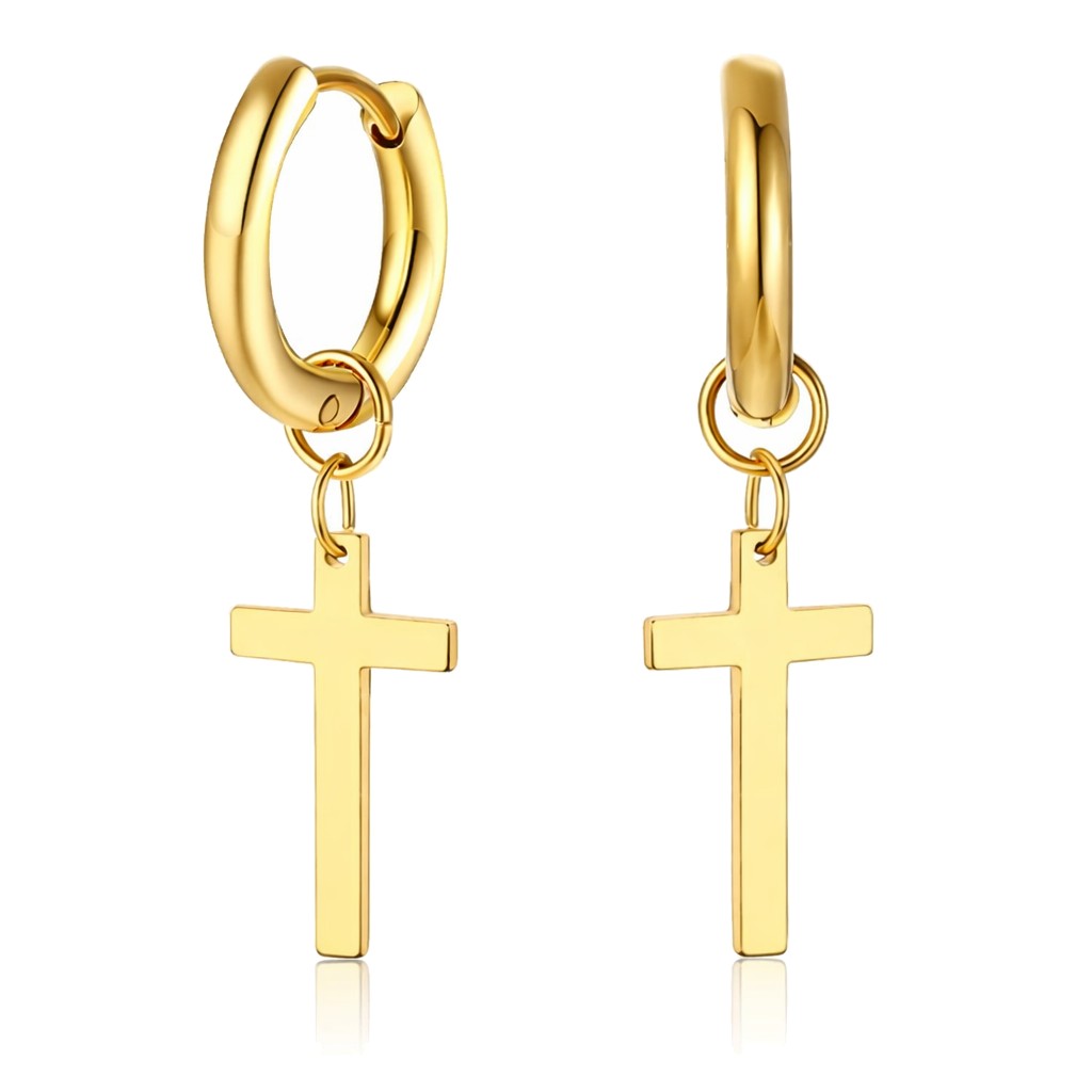 Goudkleurige Heren Oorringen met Kruis Hanger – RVS Oorbellen Set – Minimalistisch Stoer Design