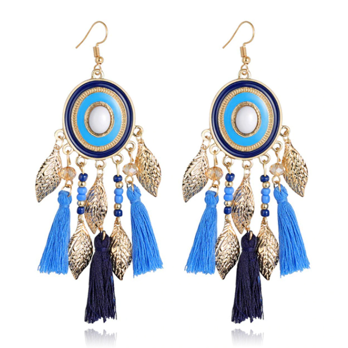 Statement Oorbellen met Ronde Hanger, Bedeltjes en Kwastjes – Blauw