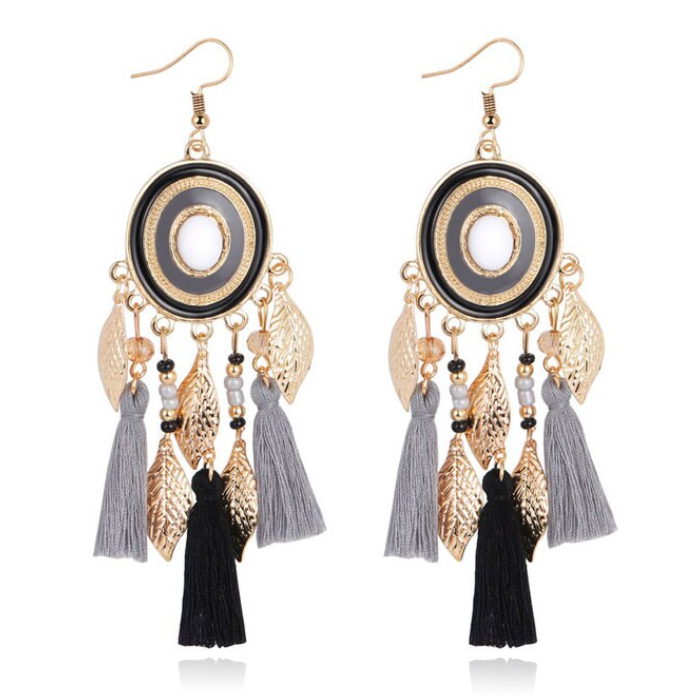 Statement Oorbellen met Ronde Hanger, Bedeltjes en Kwastjes – Grijs Zwart