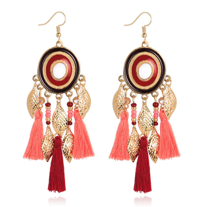 Statement Oorbellen met Ronde Hanger, Bedeltjes en Kwastjes – rood